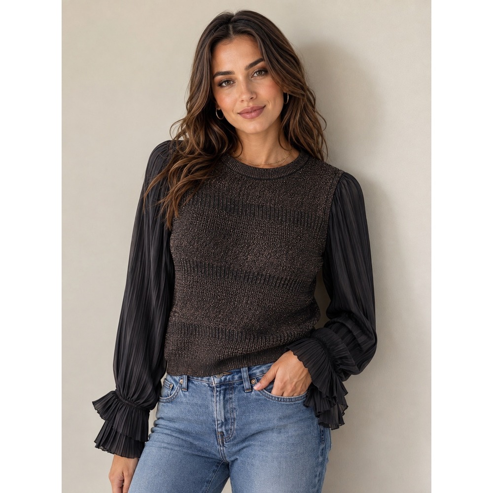 Current Air Bronze Metallic Knit Pleated Ruffle Sleeve Sweater Top M 2330320